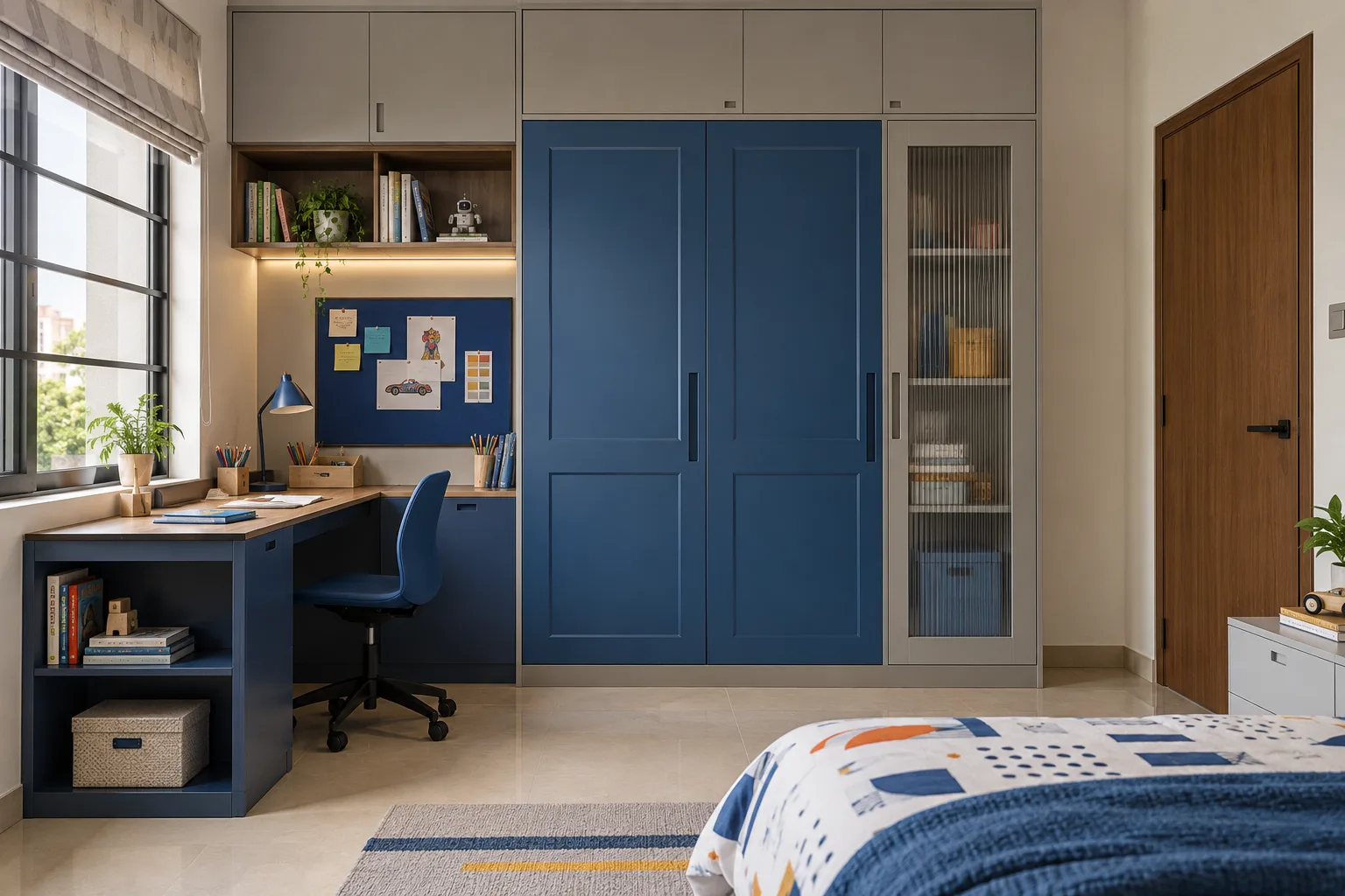 Aluminium Square Classic Fluted Glass Study Cobalt Blue Satin Pu Children Wardrobe concept
