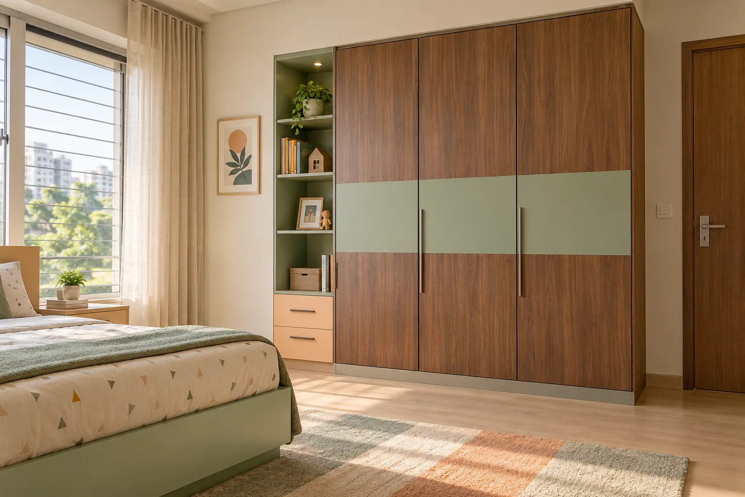 Aluminium Walnut Laminate Bands Bedside Display Column Peach Matte Pu Children Wardrobe concept