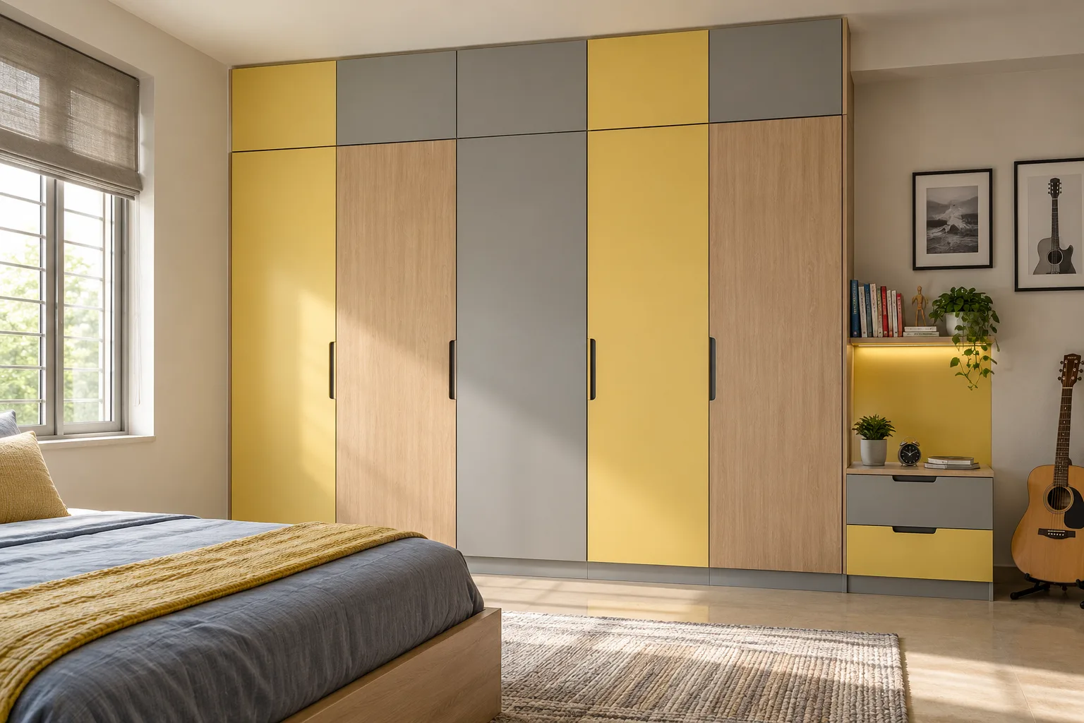 colour laminate rhythm bedside book ledge butter-yellow satin pu children wardrobe with Aluminium cabinet direction