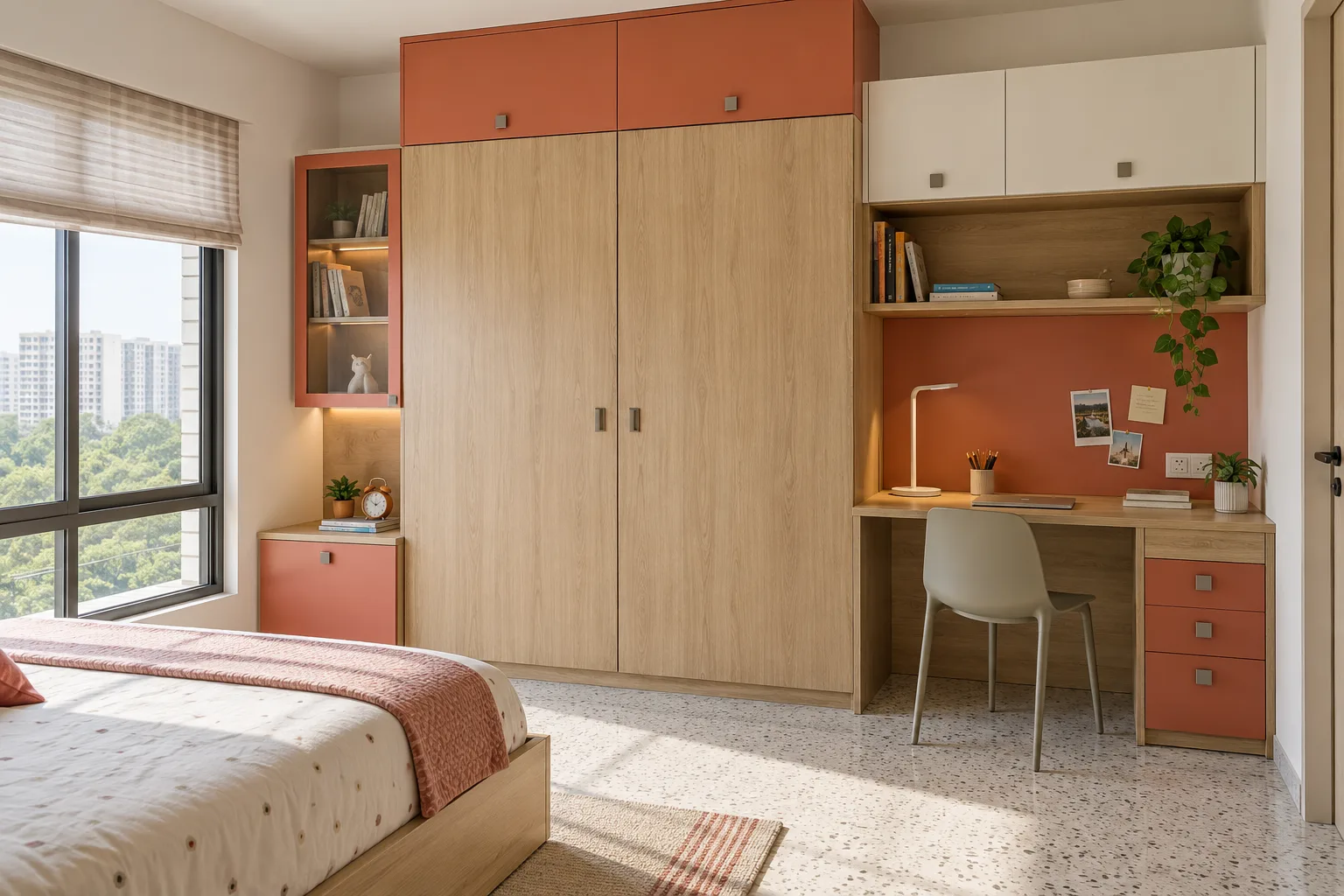 Aluminium Oak Laminate Slabs Study Loft Bedside Coral Satin Pu Children Wardrobe concept