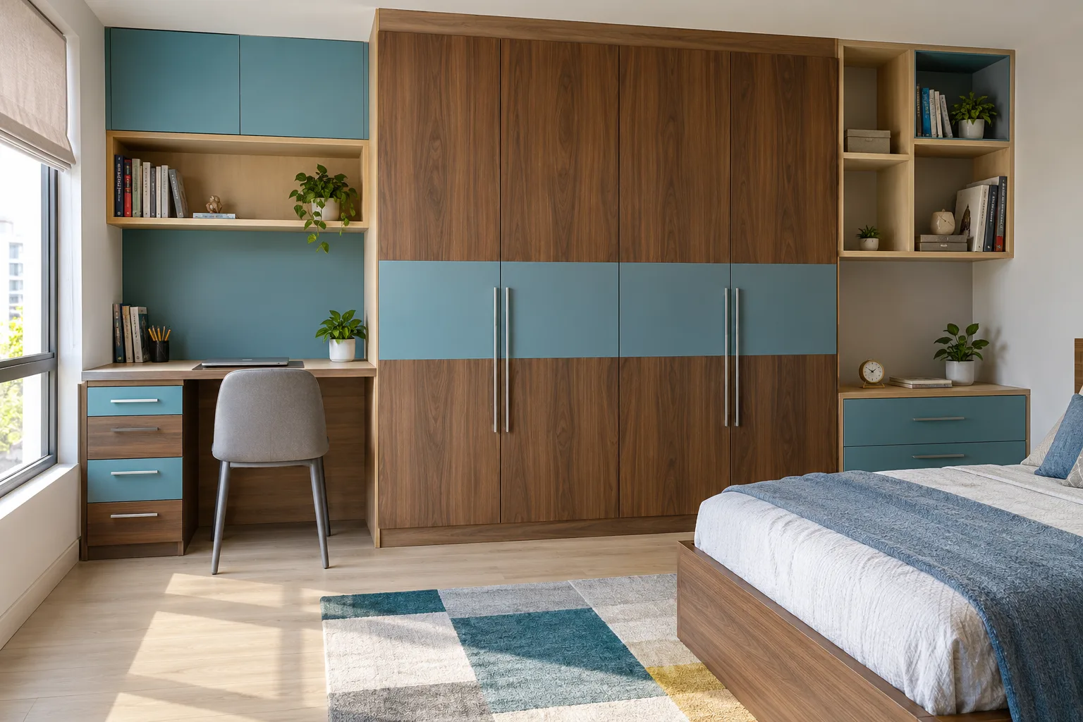 Aluminium Walnut Laminate Bands Siblings Storage Wall Turquoise Matte Pu Children Wardrobe concept