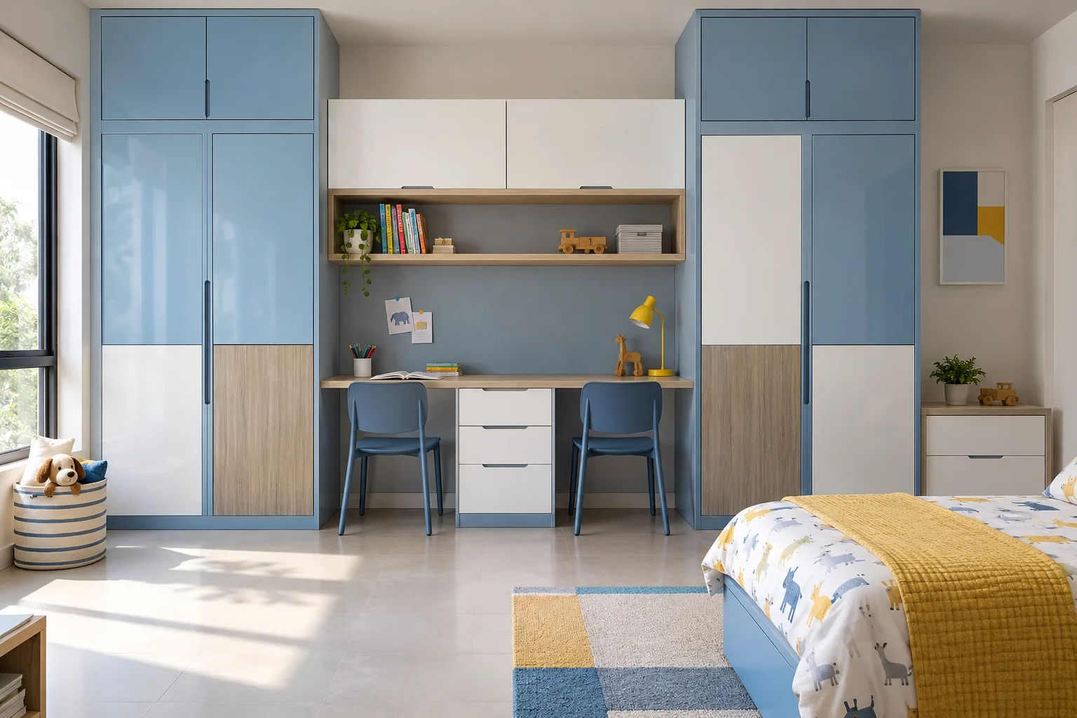 square classic grid shared learning wall powder-blue glossy acrylic children wardrobe with Aluminium cabinet direction