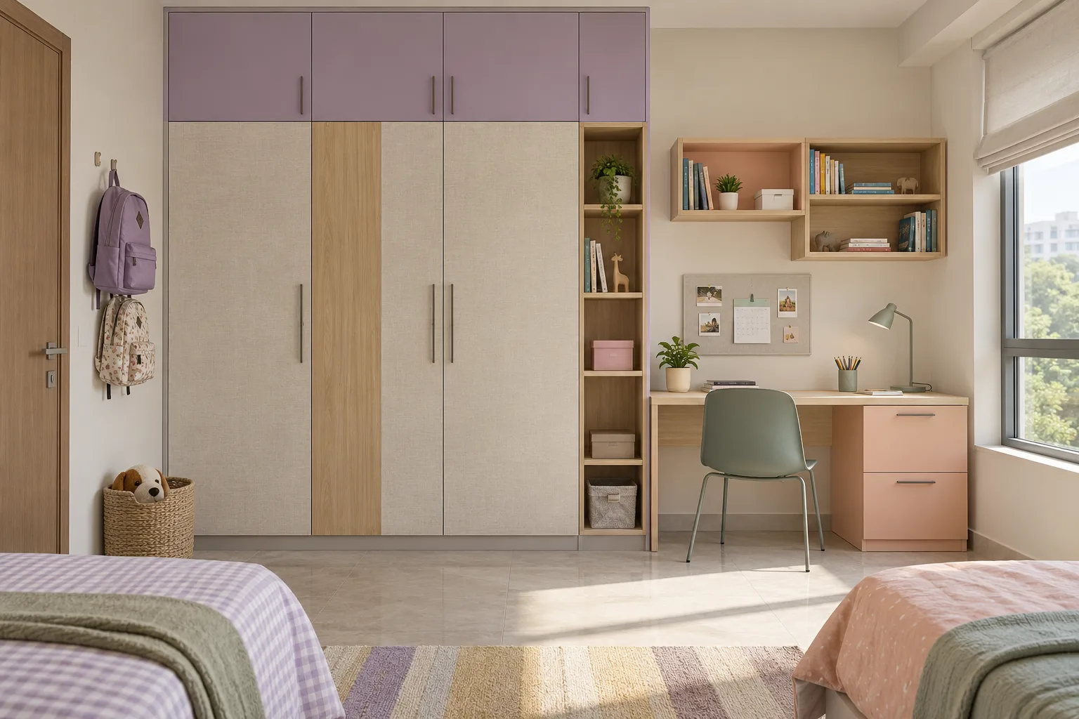 textured laminate blocks lilac matte laminate children wardrobe with GI cabinet direction