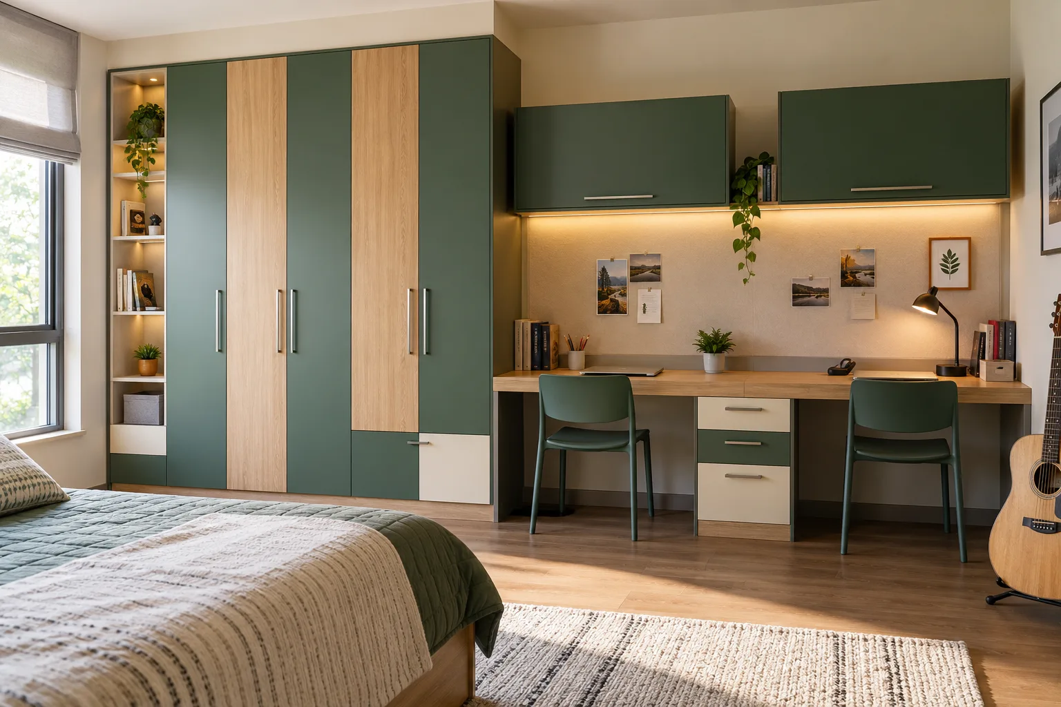 GI Colour Laminate Rhythm Twin Study Bridge Forest Green Matte Pu Children Wardrobe concept