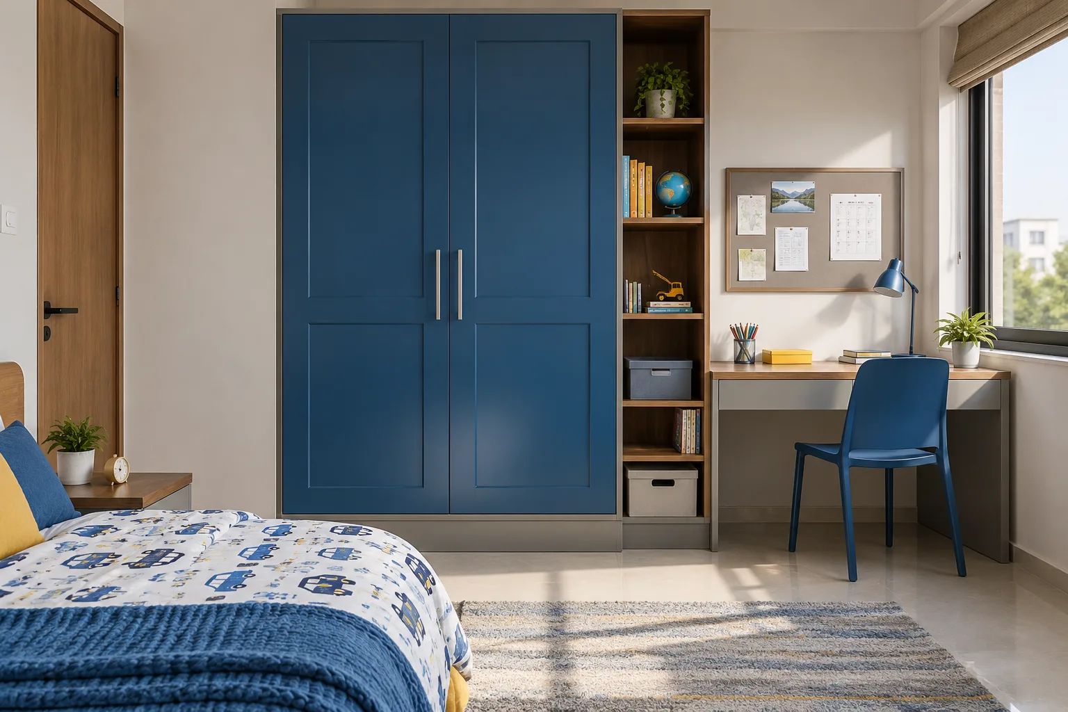 GI Square Classic Window Study Niche Cobalt Blue Satin Pu Children Wardrobe concept