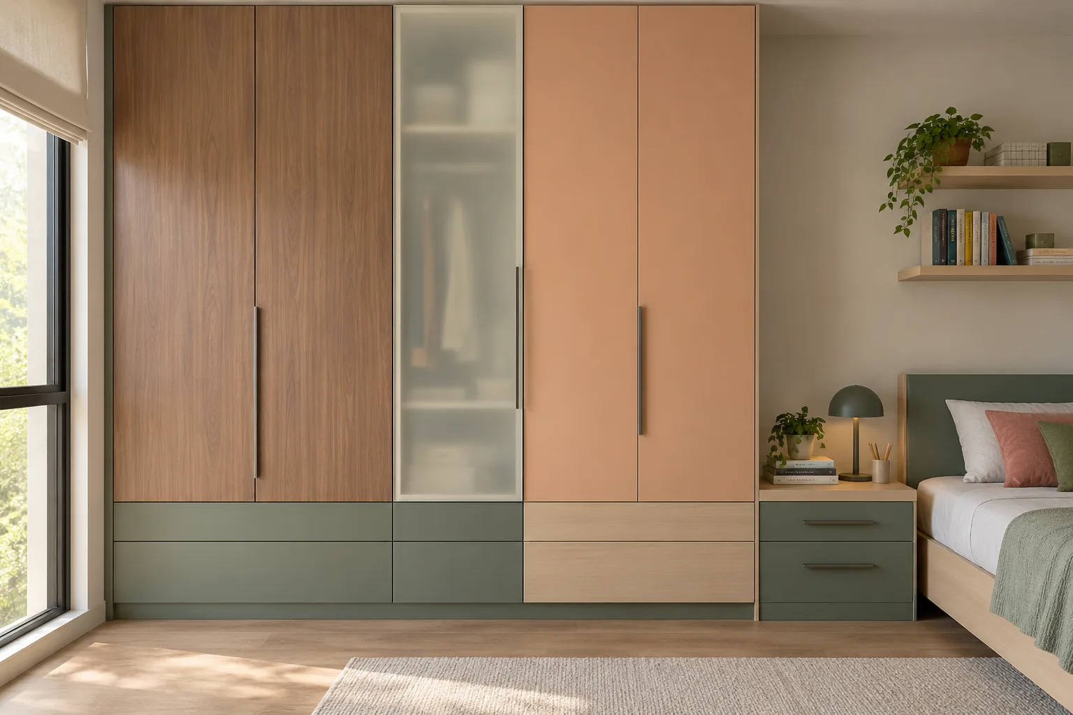 white glass and walnut peach children wardrobe with GI cabinet direction