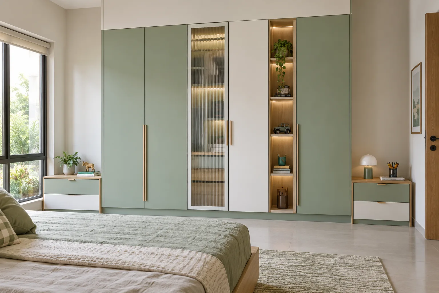 fluted glass accent mint-green children wardrobe with GI cabinet direction