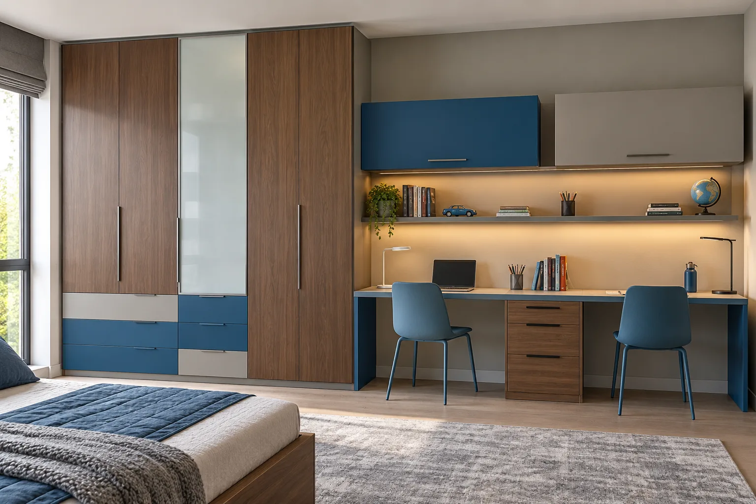 white glass and walnut cobalt children wardrobe with Aluminium cabinet direction