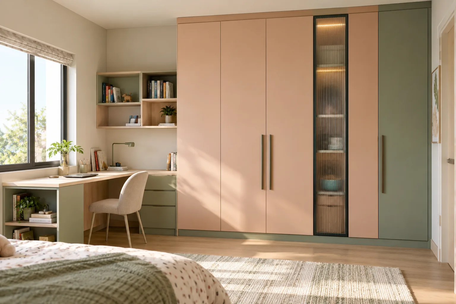 minimal full height peach children wardrobe with Aluminium cabinet direction