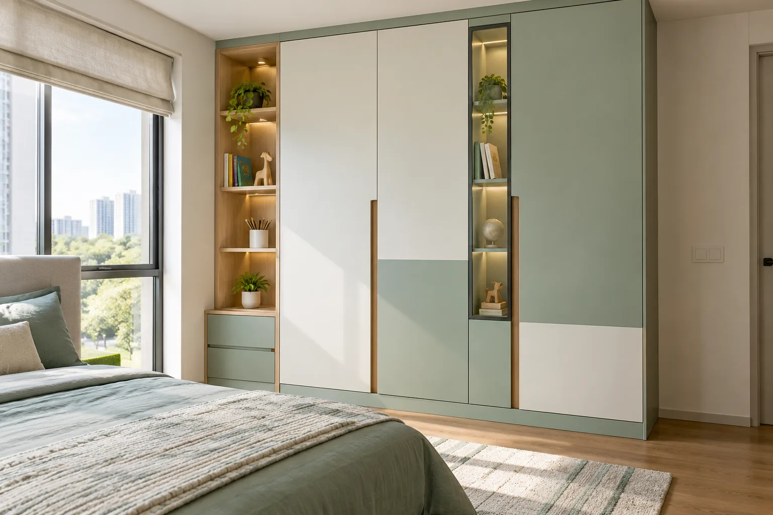 maple and acrylic grid mint-green children wardrobe with Aluminium cabinet direction