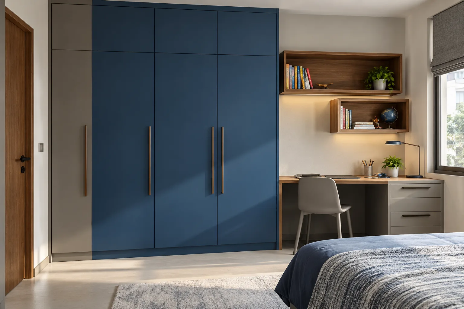 minimal full height cobalt children wardrobe with GI cabinet direction