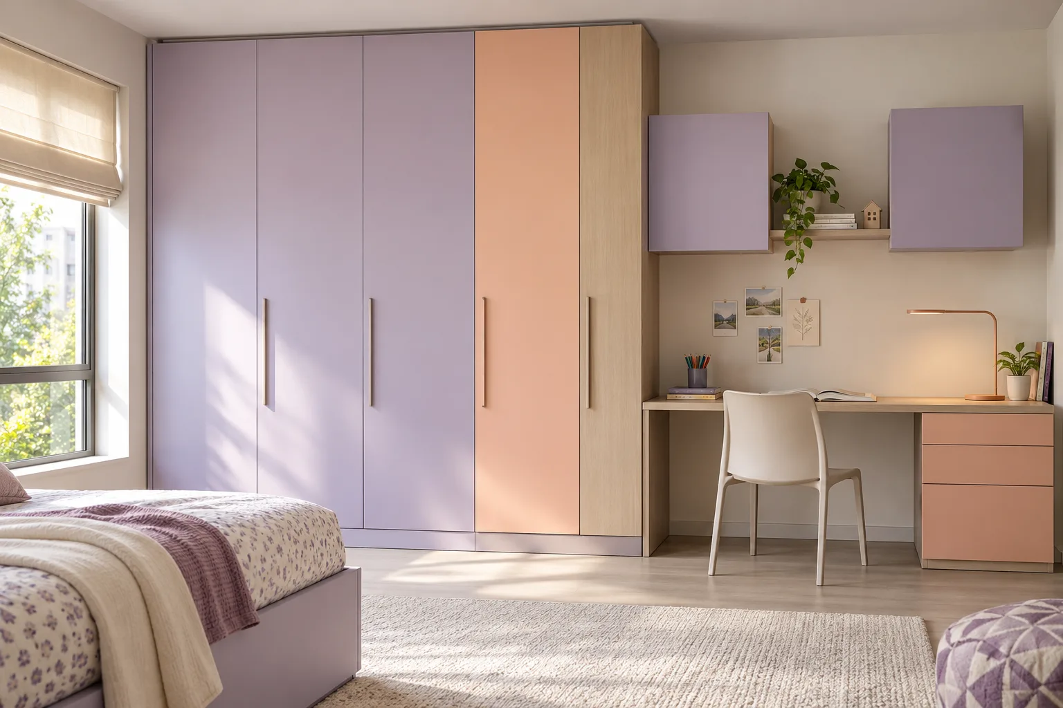 minimal full height lilac children wardrobe with GI cabinet direction