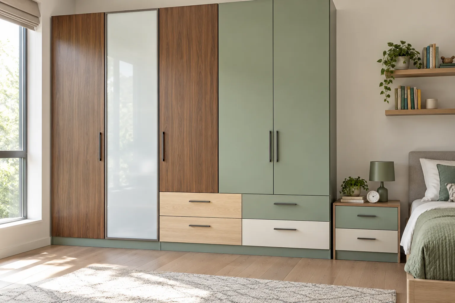 white glass and walnut mint-green children study wardrobe with GI cabinet direction