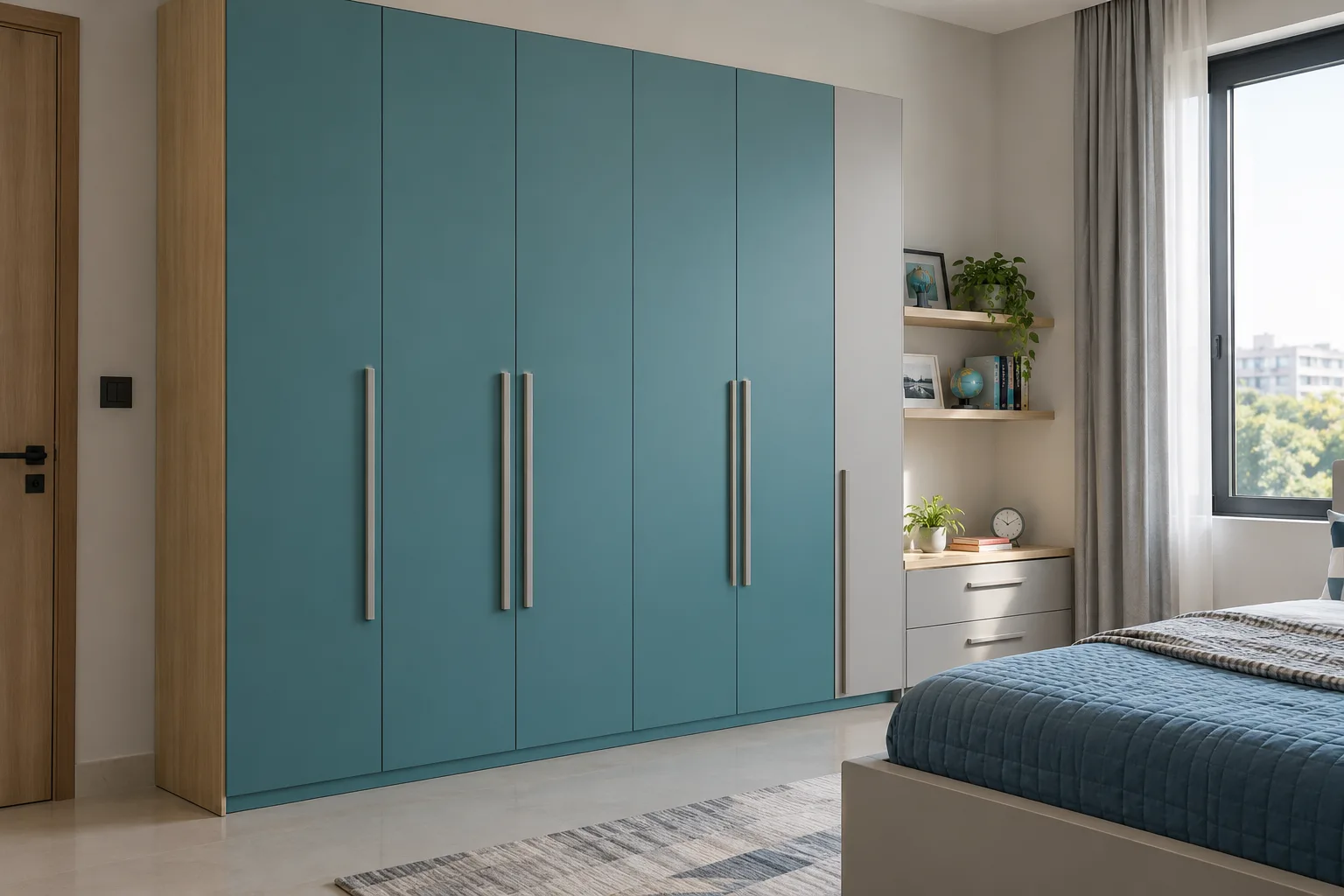 minimal full height turquoise children study wardrobe with GI cabinet direction