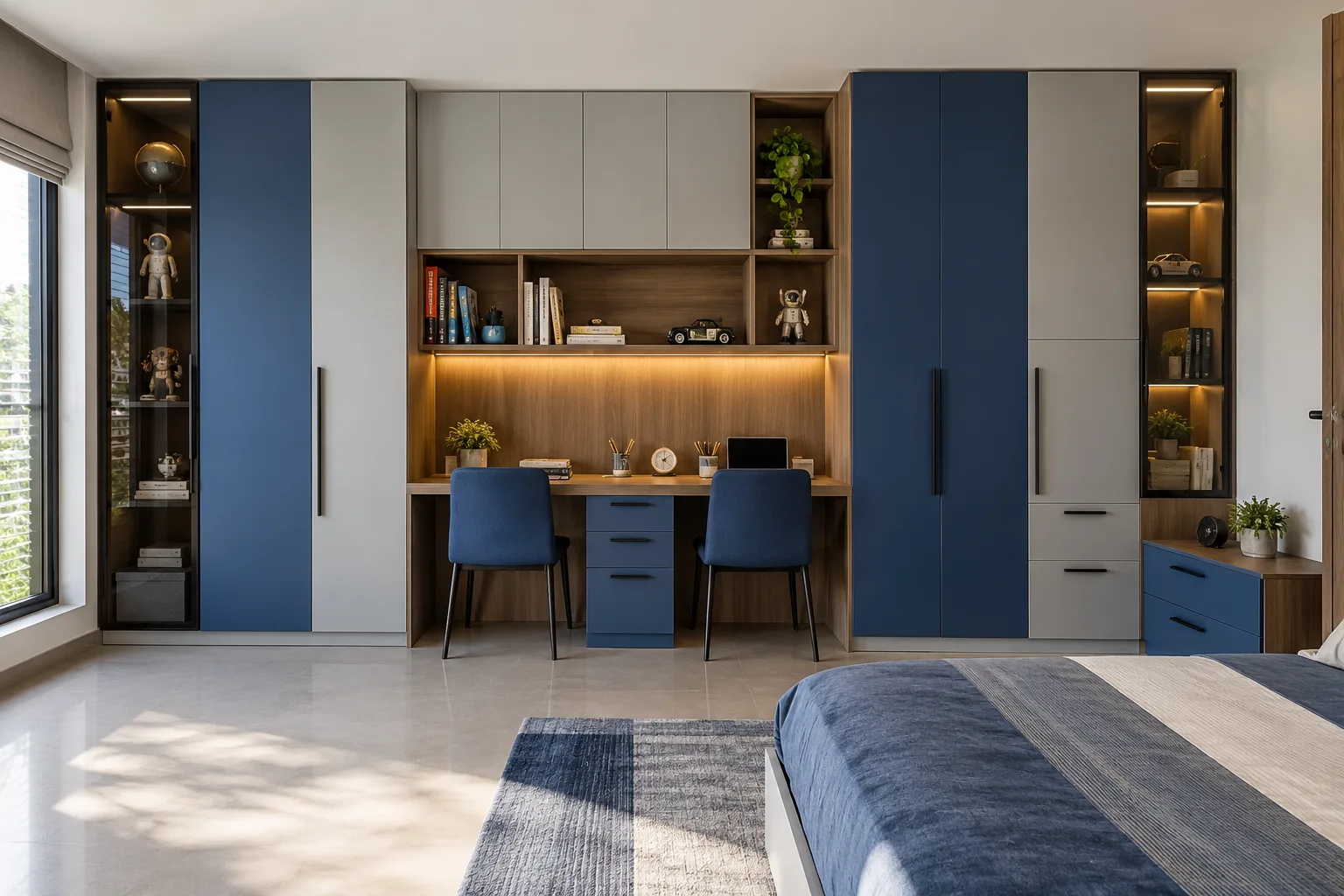 smoked glass strip cobalt children study wardrobe with GI cabinet direction