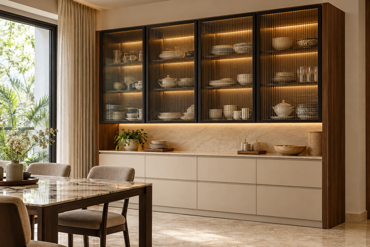 Straight metal crockery cabinet with fluted glass display and serving counter — AI design concept