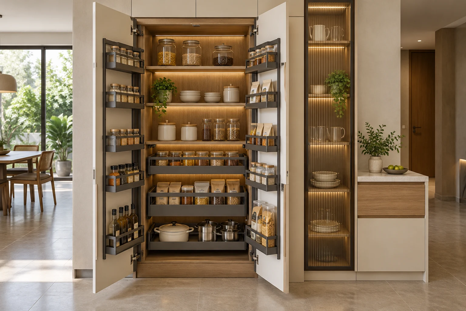 Open tall metal pantry with shelves and pull-out baskets — AI design concept