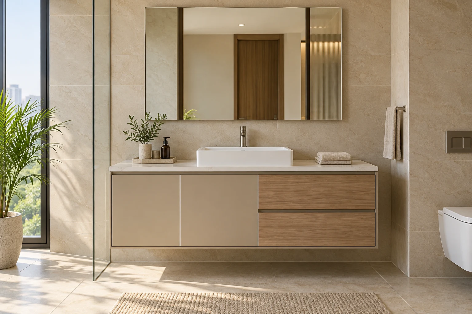 Rectangular floating bathroom vanity with a stone counter — AI design concept