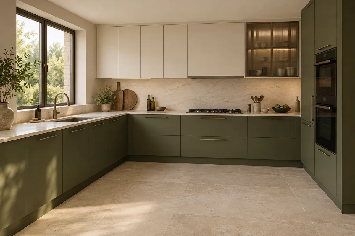 L-shaped steel kitchen designs — olive and ivory concept