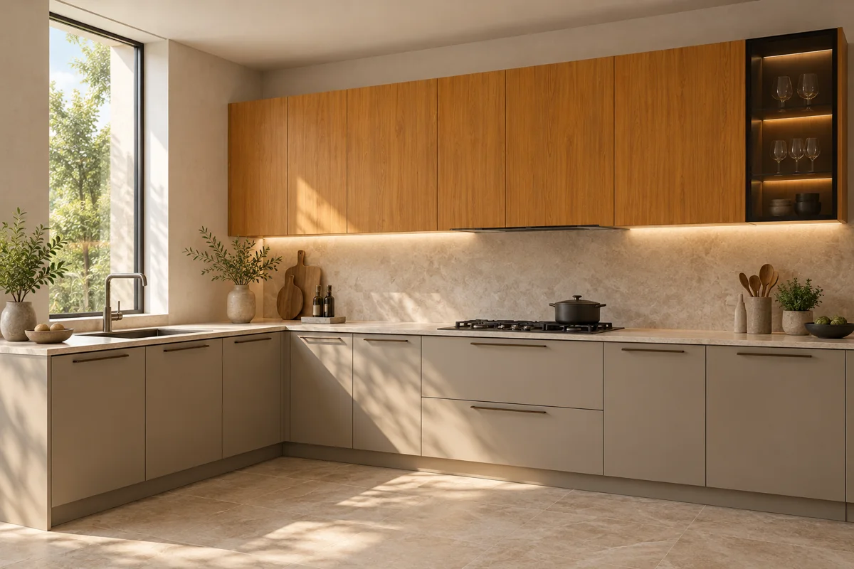 greige and teak L-shaped steel kitchen — AI-generated concept