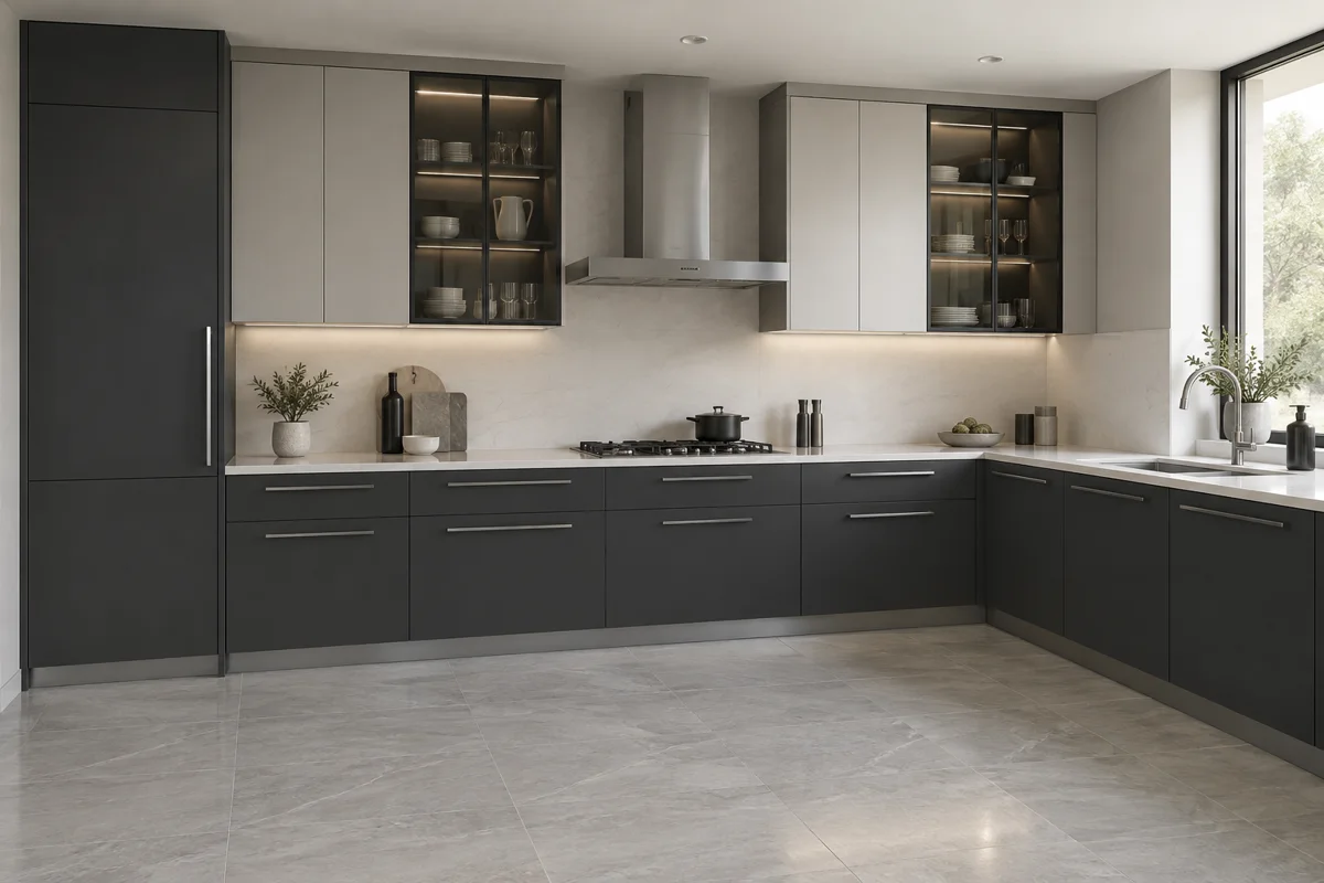 charcoal and pearl grey L-shaped steel kitchen — AI-generated concept