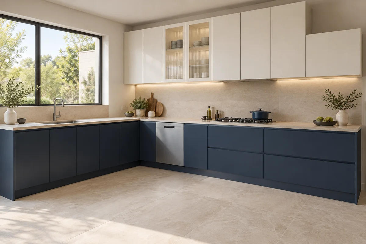 navy and porcelain white L-shaped steel kitchen — AI-generated concept