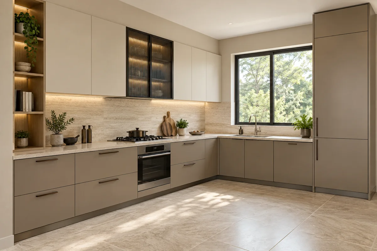 taupe and sand beige L-shaped steel kitchen — AI-generated concept