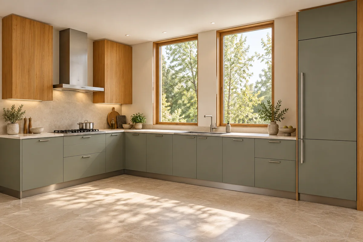 sage and woodgrain L-shaped steel kitchen — AI-generated concept