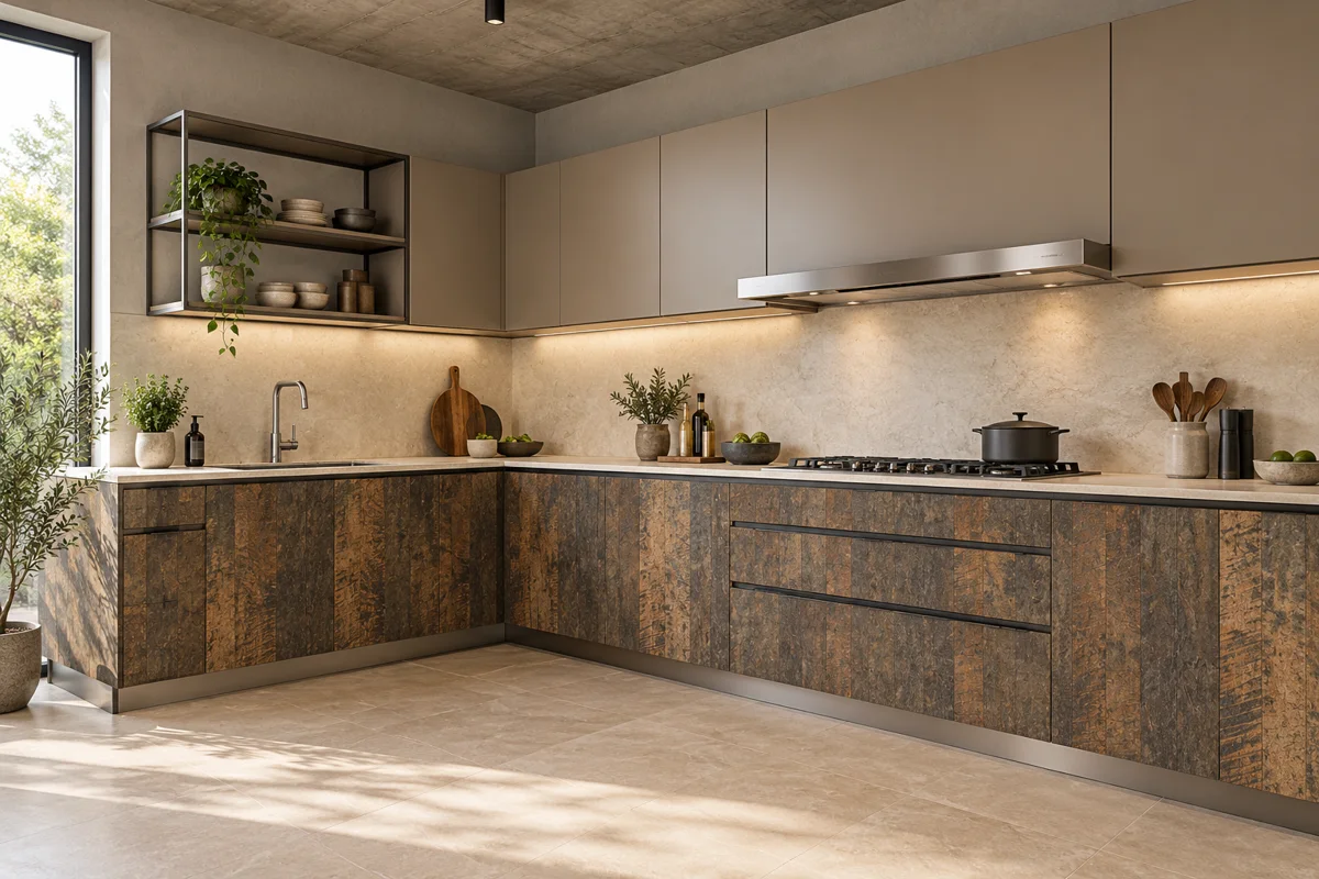 rustic brown vertical grain and mushroom taupe L-shaped steel kitchen — AI-generated concept