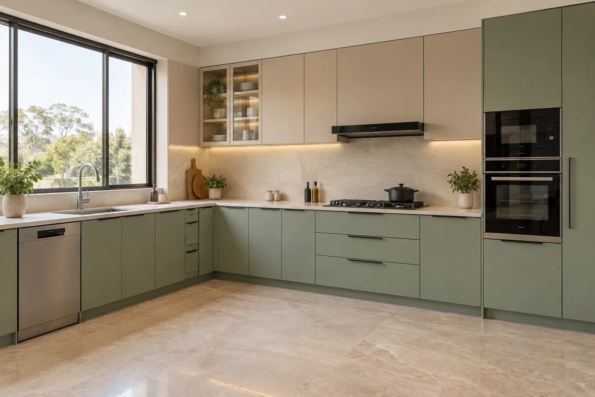 muted sage and sand beige L-shaped steel kitchen — AI-generated concept