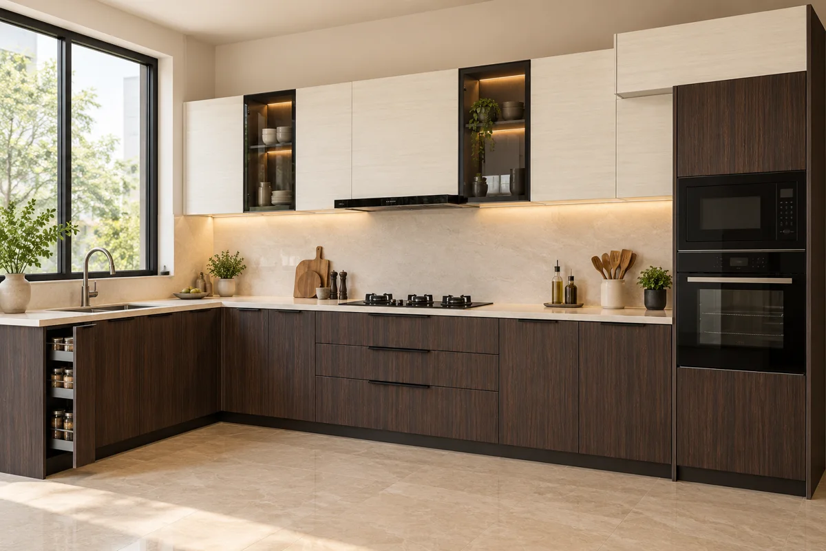 dark grey-brown vertical grain and soft ivory horizontal grain L-shaped steel kitchen — AI-generated concept