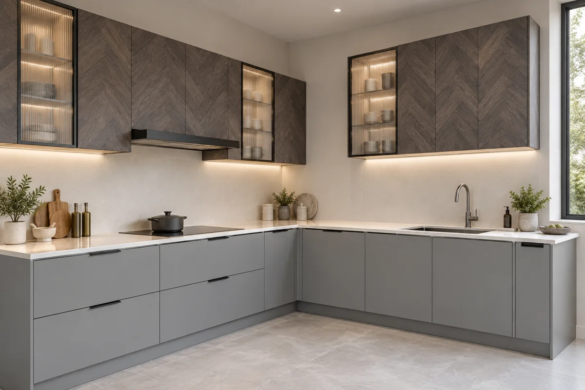 stone grey and smoky grey chevron wood decor L-shaped steel kitchen — AI-generated concept