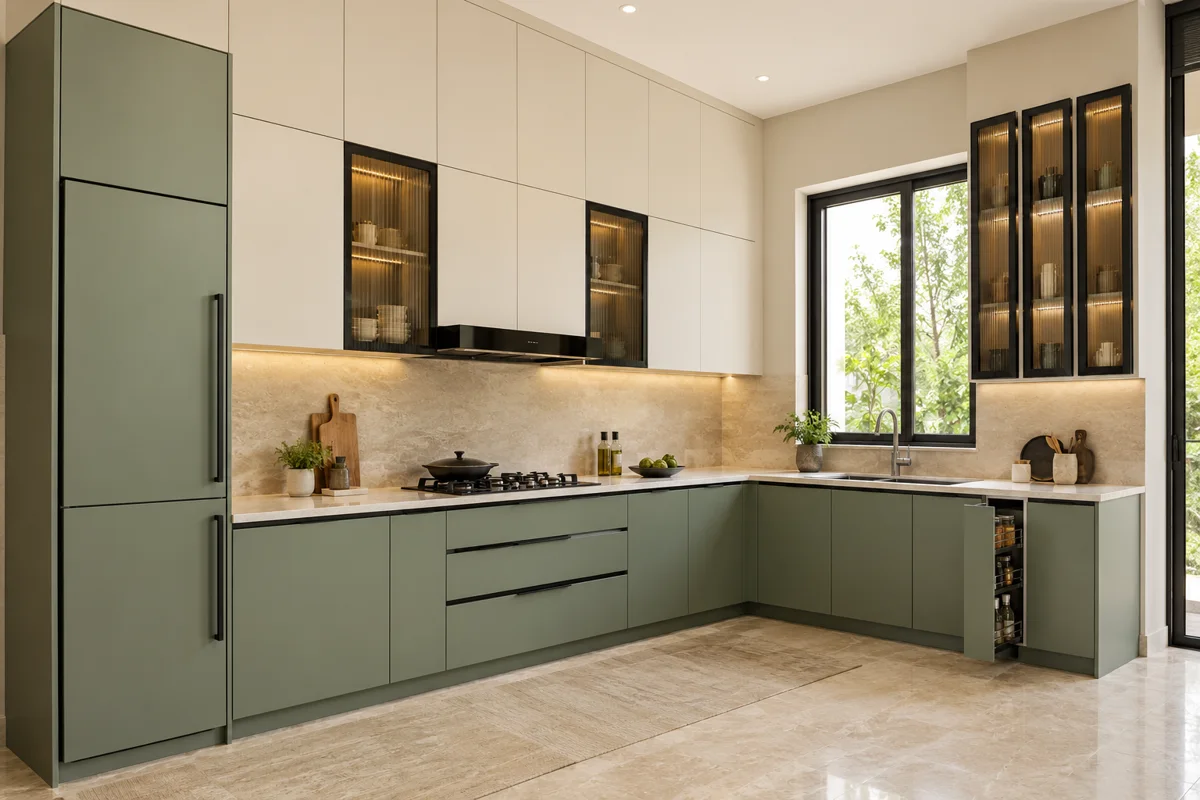 muted sage and warm ivory L-shaped steel kitchen — AI-generated concept