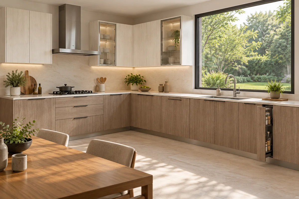 warm taupe oak grain and pale ivory vertical woodgrain L-shaped steel kitchen — AI-generated concept