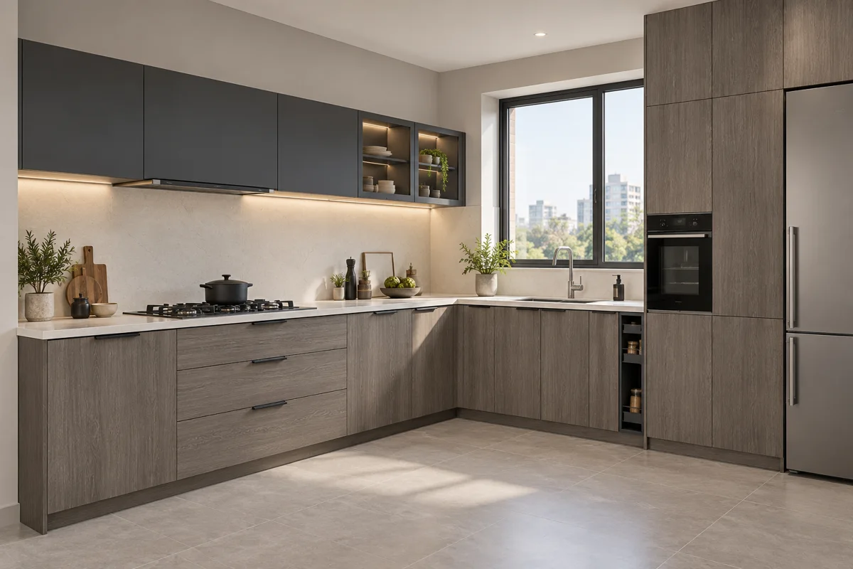 silver grey oak grain and graphite L-shaped steel kitchen — AI-generated concept