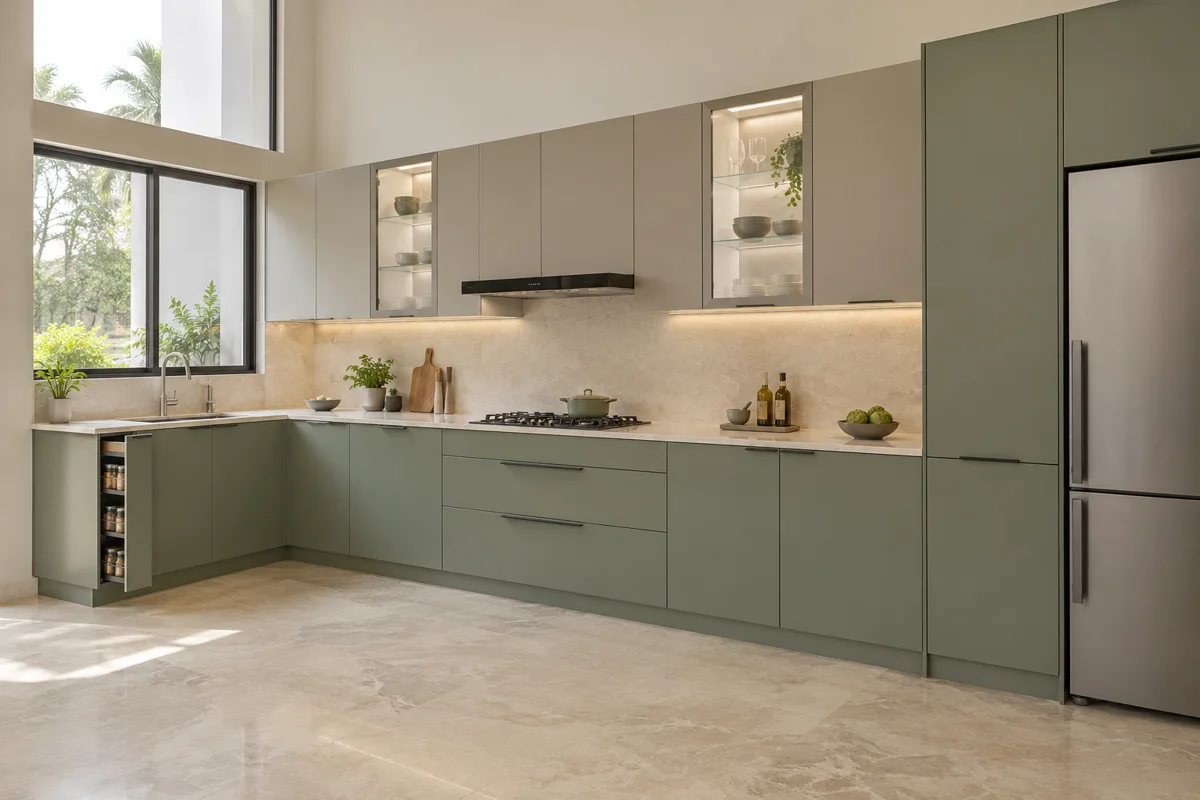 muted sage and warm greige L-shaped steel kitchen — AI-generated concept