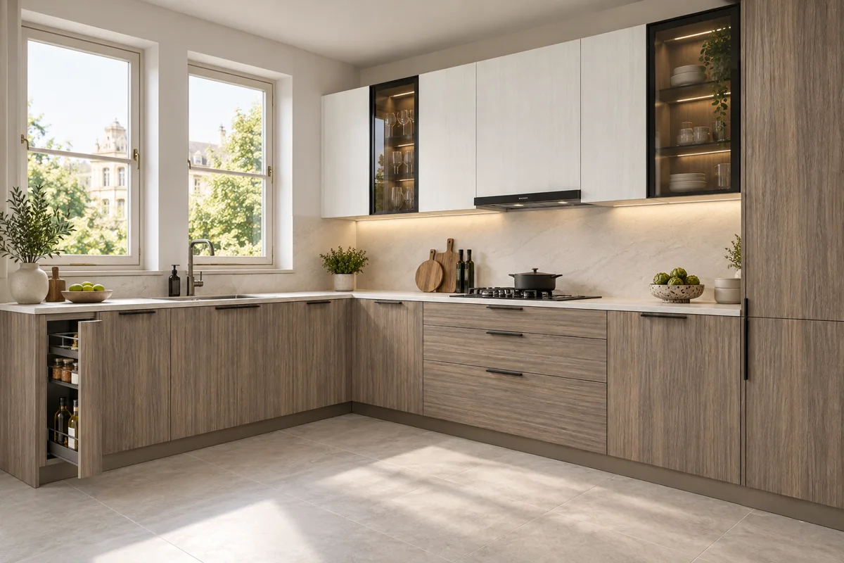 grey oak grain and soft white fine grain L-shaped steel kitchen — AI-generated concept