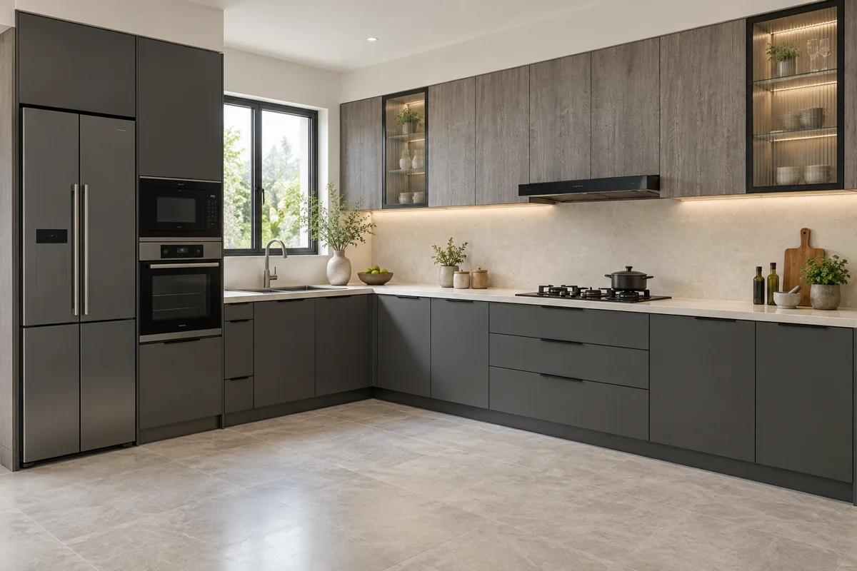 graphite and grey linear woodgrain L-shaped steel kitchen — AI-generated concept