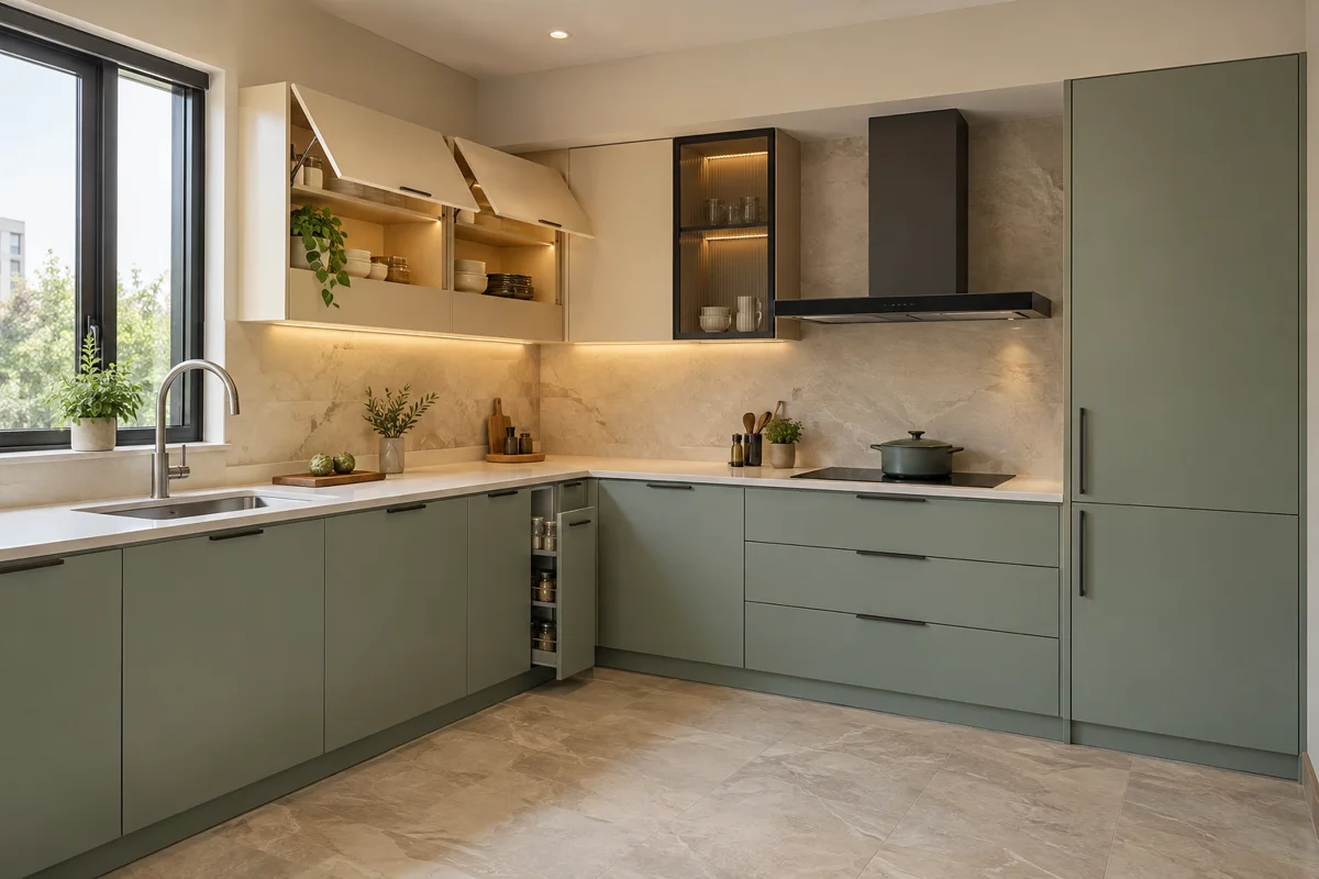 muted sage and cream L-shaped steel kitchen — AI-generated concept