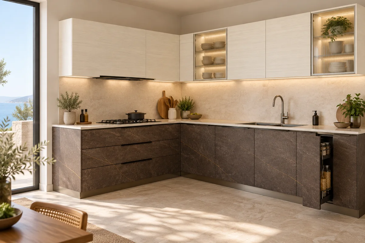 deep brown gold-veined stone and light cream horizontal grain L-shaped steel kitchen — AI-generated concept