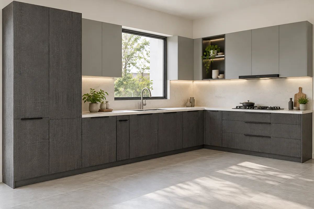 graphite subtle woodgrain and stone grey L-shaped steel kitchen — AI-generated concept