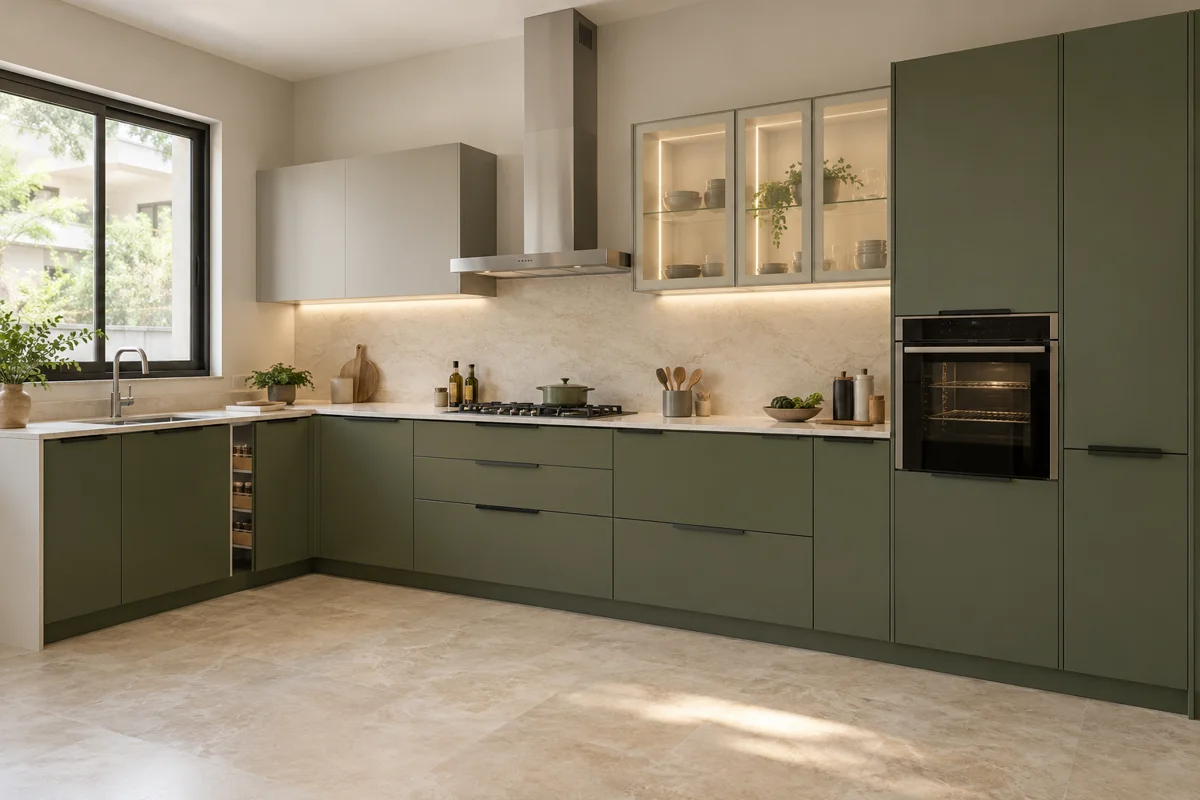 deep olive and warm greige L-shaped steel kitchen — AI-generated concept