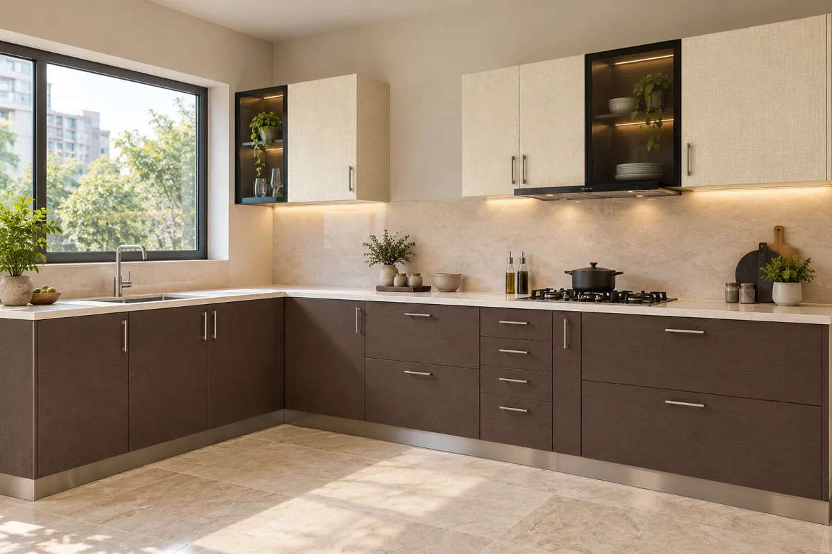 warm chocolate fine textured decor and cream woven decor L-shaped steel kitchen — AI-generated concept