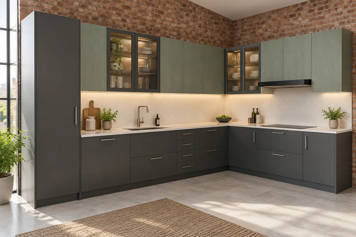 graphite and grey sage fine grain L-shaped steel kitchen — AI-generated concept