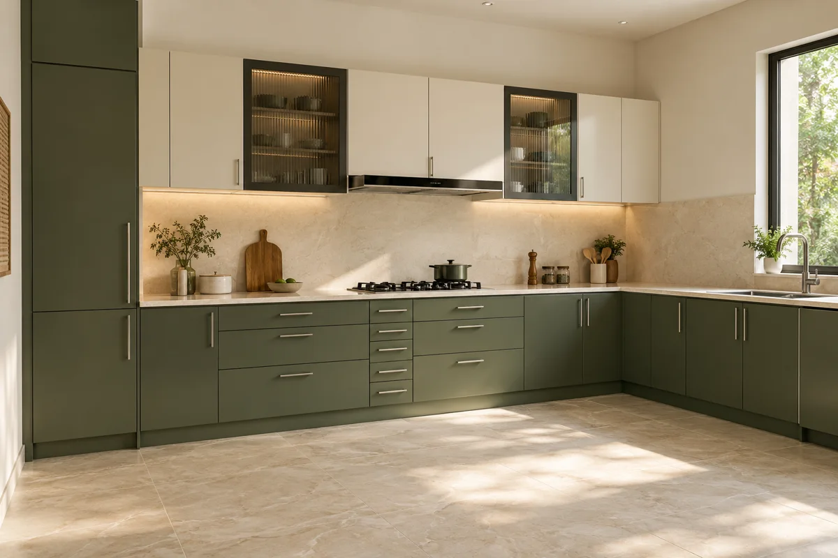 deep olive and warm ivory L-shaped steel kitchen — AI-generated concept