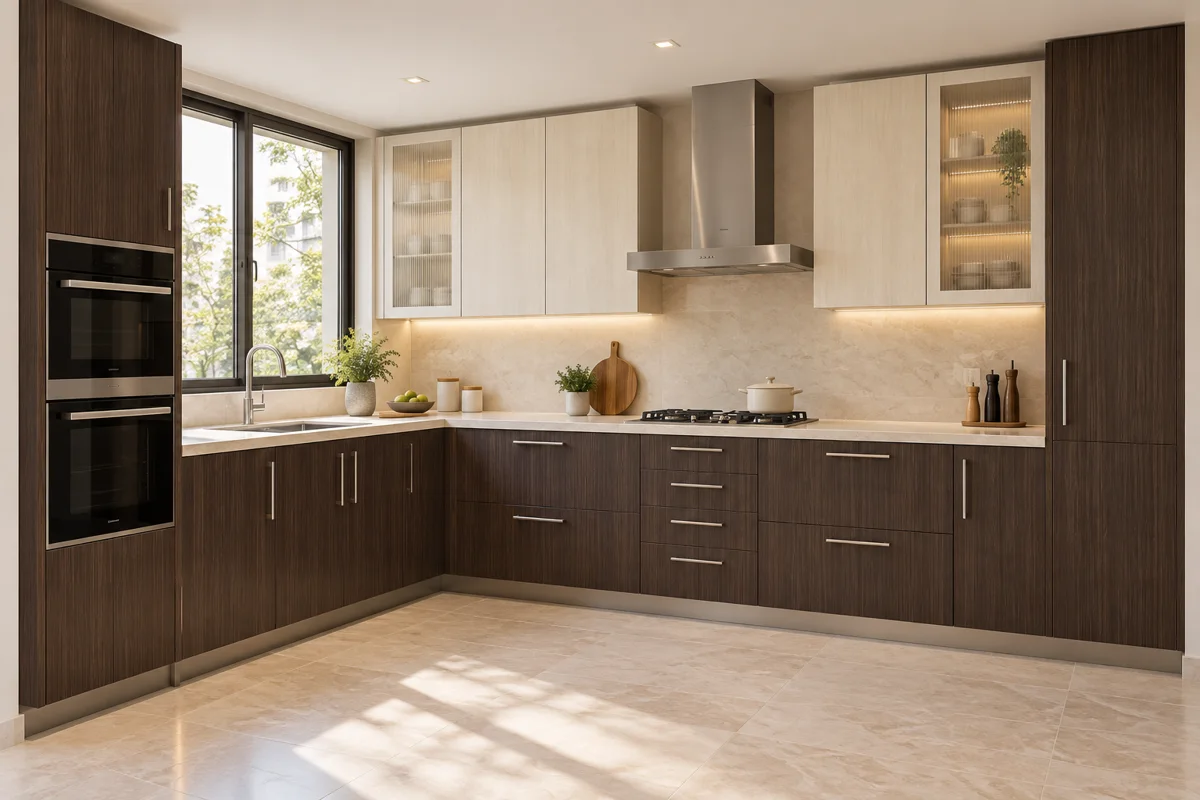 deep chocolate vertical grain and pale warm ash grain L-shaped steel kitchen — AI-generated concept