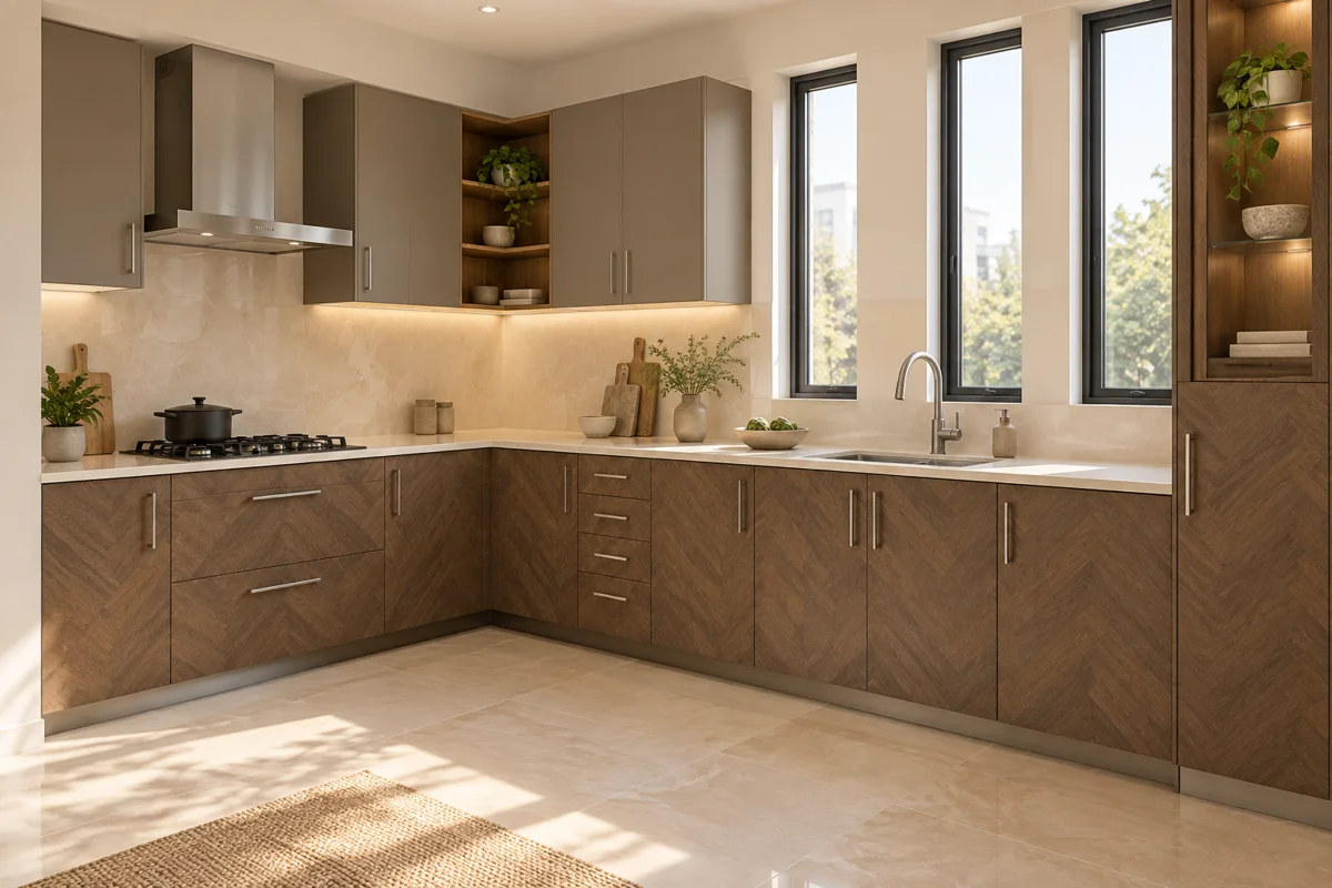 medium brown chevron wood decor and cocoa taupe L-shaped steel kitchen — AI-generated concept