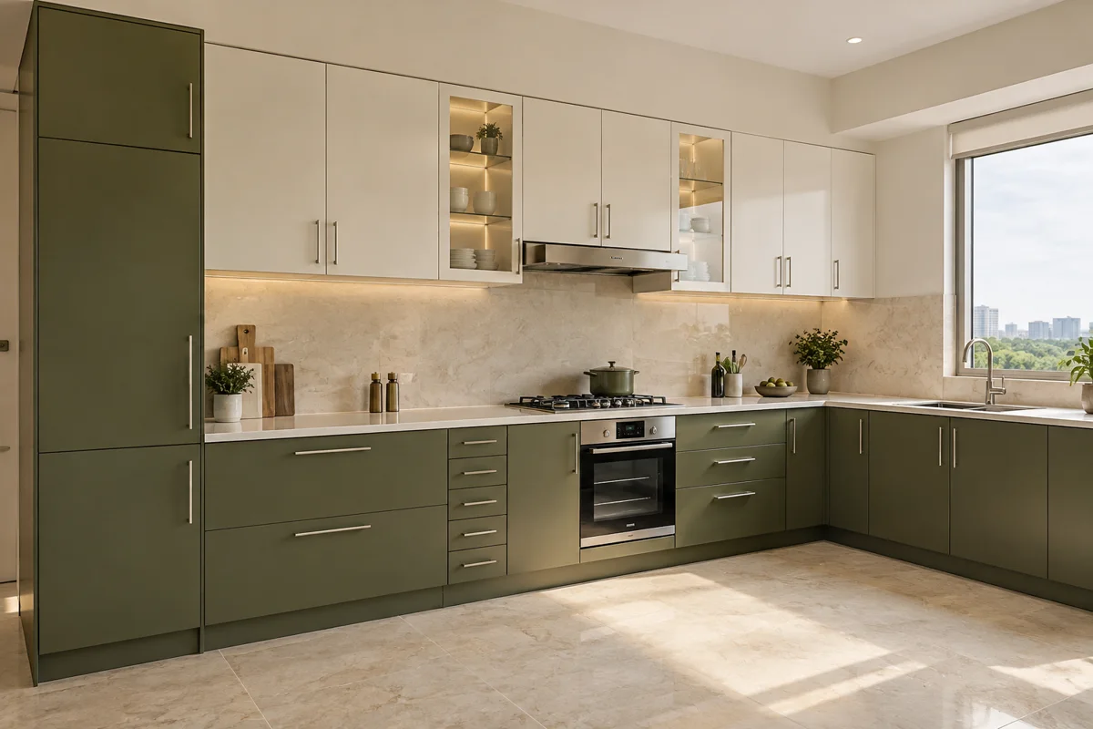 deep olive and warm ivory oven-drawer L-shaped steel kitchen — AI-generated concept