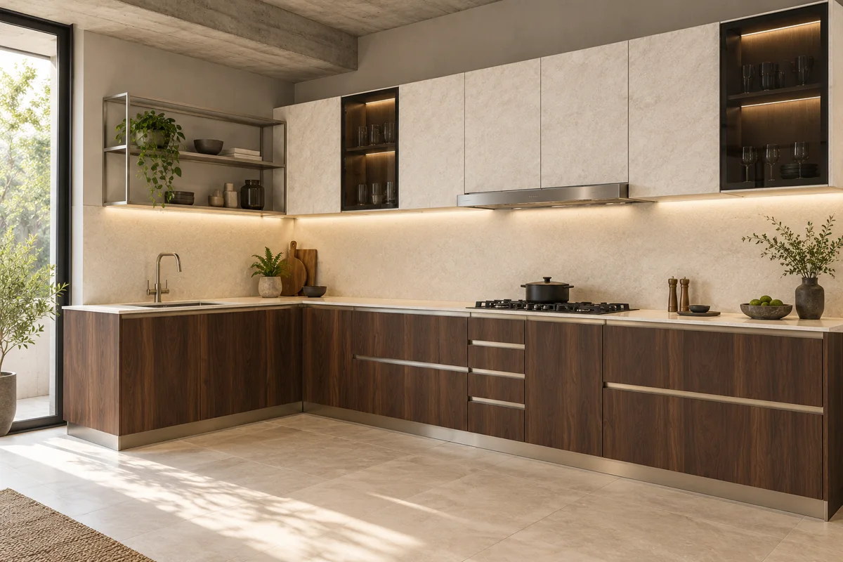 dark walnut grain and light ivory stone L-shaped steel kitchen — AI-generated concept