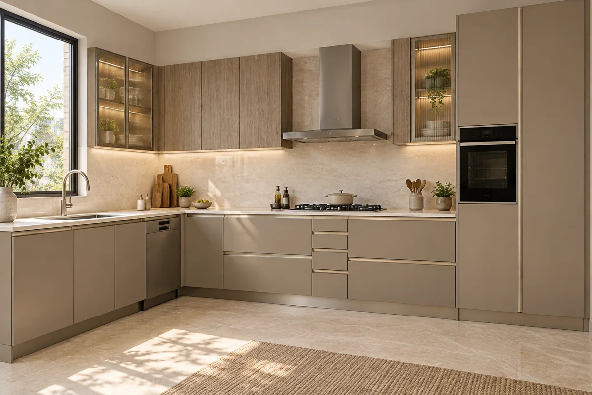 mushroom taupe and warm taupe linear woodgrain L-shaped steel kitchen — AI-generated concept